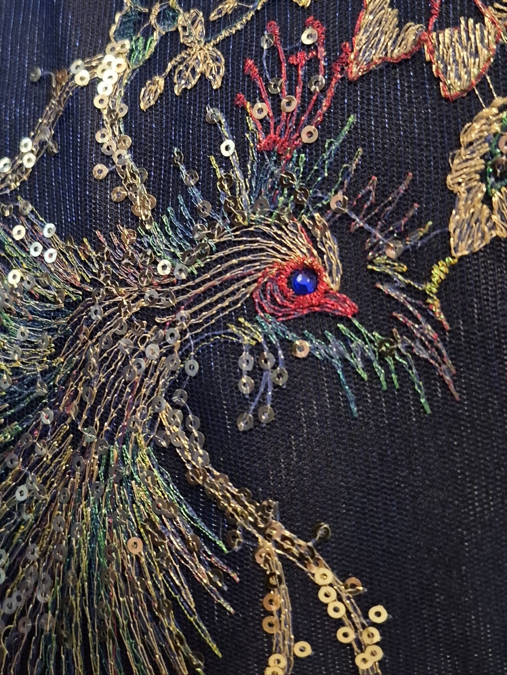 "Ella And Elly" Dark Blue Peacock Sequined Embroidered Tote Shoulder Bag - Picture 10 of 12